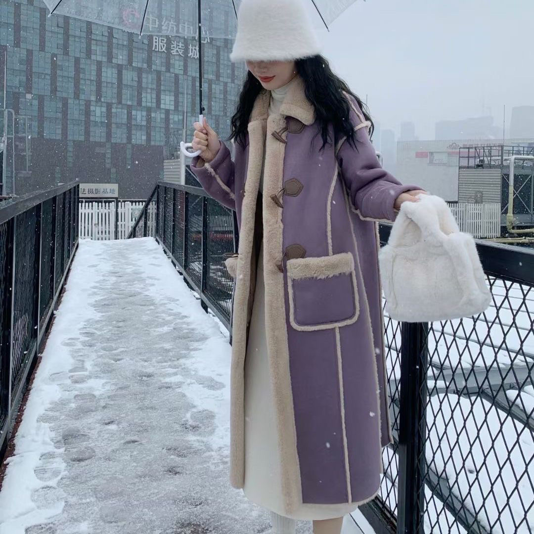 牛角扣长款羊羔毛毛绒麂皮绒外套