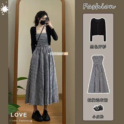 气质黑白格子吊带裙抹胸连衣裙女