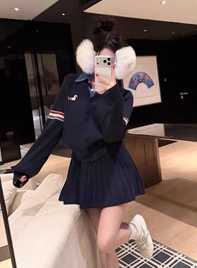假两件针织衫外套短裙百褶裙套装