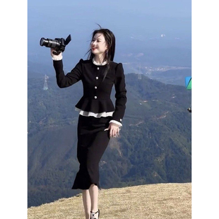 网红爆款时尚套装女2026春季新款法式名媛拼色收腰外套+半身裙女