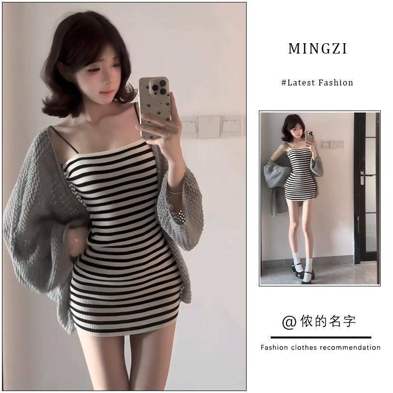 慵懒纯欲风条纹吊带包臀裙2026夏季新款收腰时尚撞色短款连衣裙女