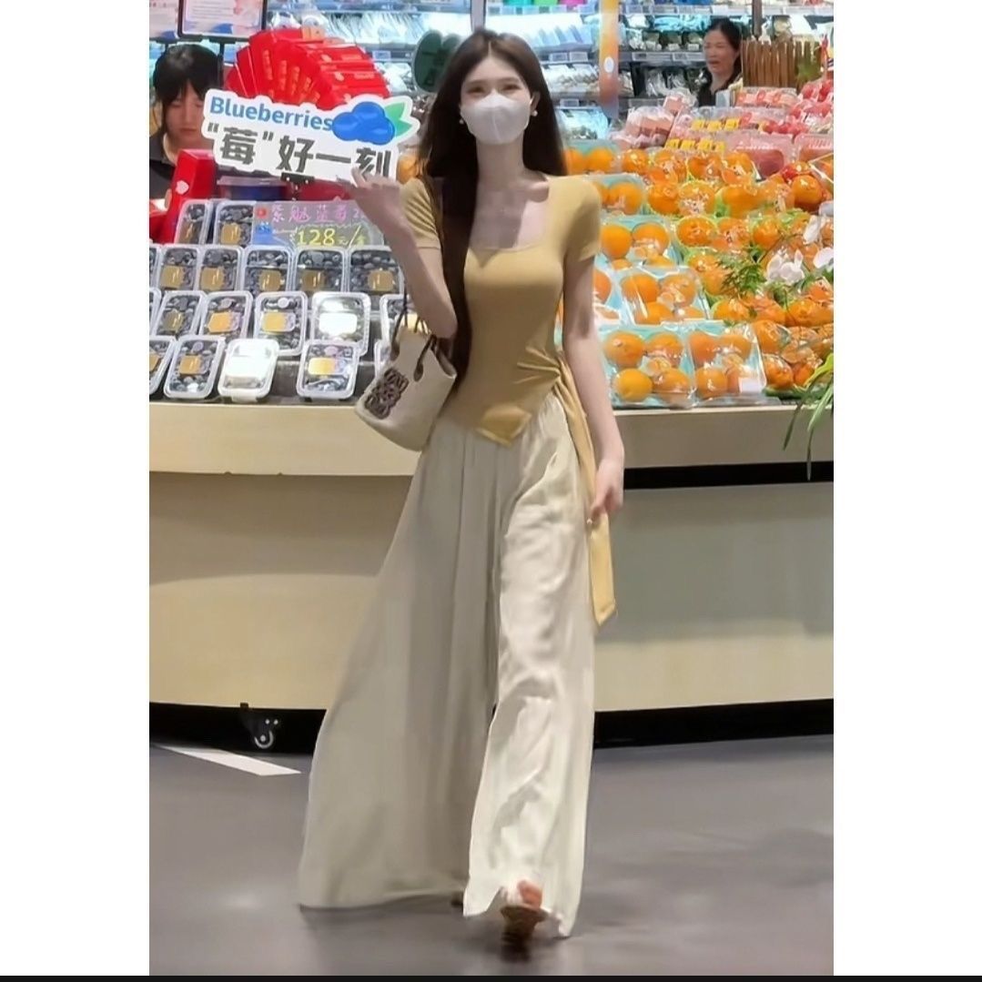 绑带短袖T恤+高腰阔腿裤两件套女