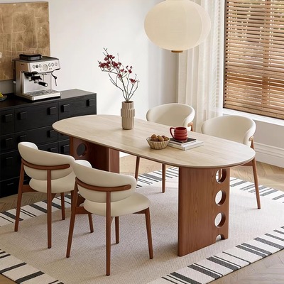 法式小户型椭圆形实木岩板餐桌