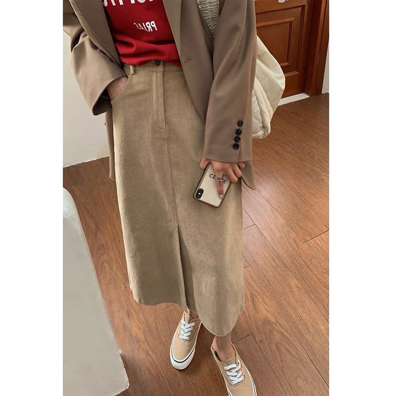 灯芯绒开叉宽松显瘦一步半身裙