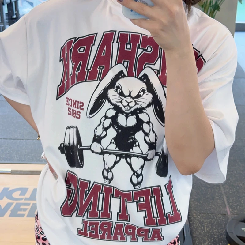 肌肉兔兔来袭欧美风oversize潮牌重磅纯棉卡通宽松大码短袖T恤女,运动服/休闲服装,运动T恤,淘宝优惠券,粉丝福利购,淘宝优惠卷