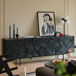 北欧柚木雕刻电视柜实木餐边柜复古诧寂收纳柜储物柜玄关柜电视柜