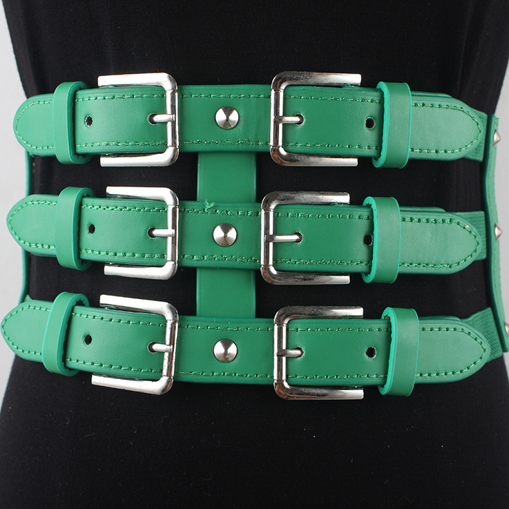 欧美束腰风三排针扣ins朋克女时尚配连衣裙子衬衫弹力宽腰封腰带