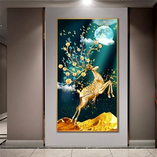 北欧入户玄关装饰画客厅走廊过道挂画轻奢镶钻晶瓷画招财壁画麋鹿