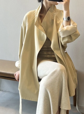 言双 法式复古气质中款风衣外套女 秋季宽松收腰立领上衣82132