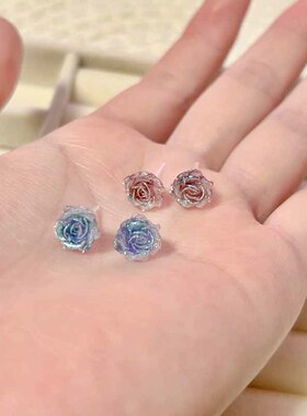 2025新款山茶花树脂养耳洞耳钉彩光塑料针不易过敏耳饰玫瑰花耳钉
