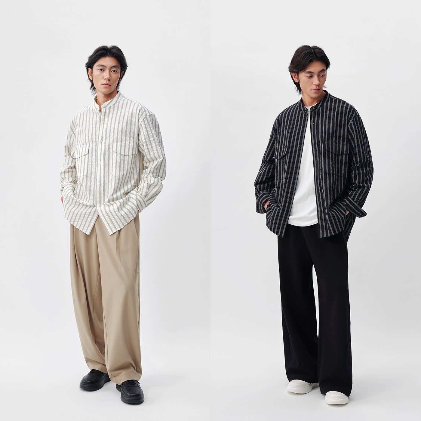 100%长绒棉立领条纹衬衫 抗皱泡泡纱肌理 色织工艺 日系男士长袖