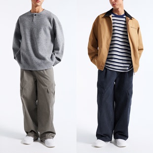 复古做旧精梳棉男裤 舒适半松紧 裤 300G全棉石磨酵素洗多口袋工装