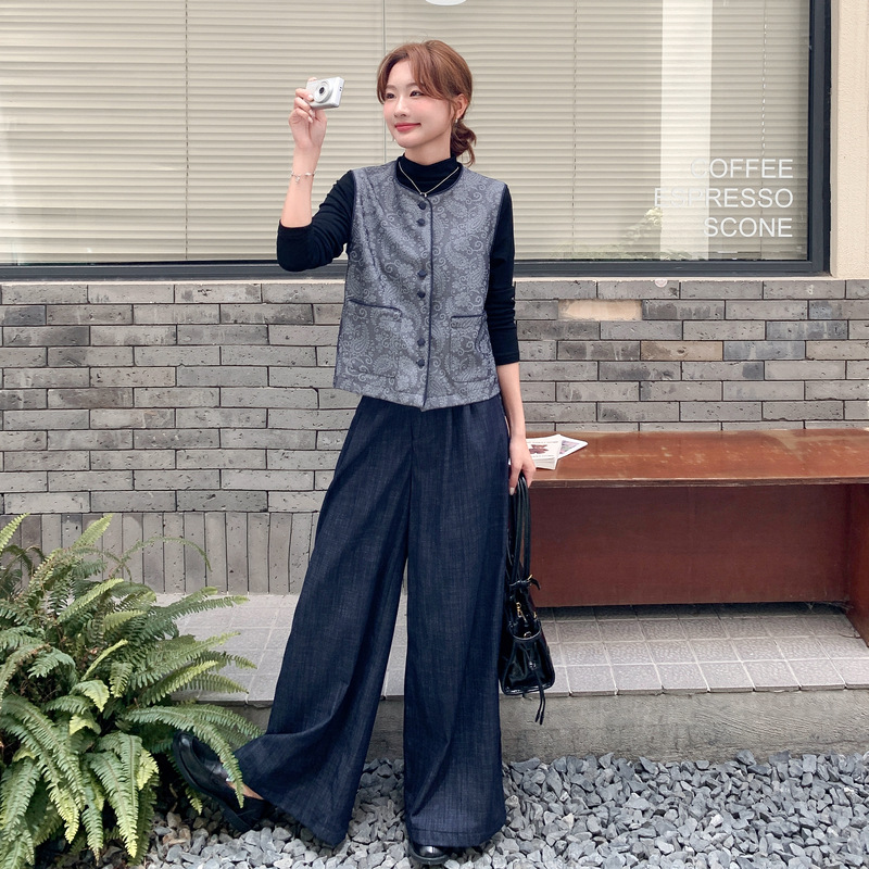 官网女装夏易菲实拍新中式国风碎花马甲阔腿裤套装2025秋款时髦休