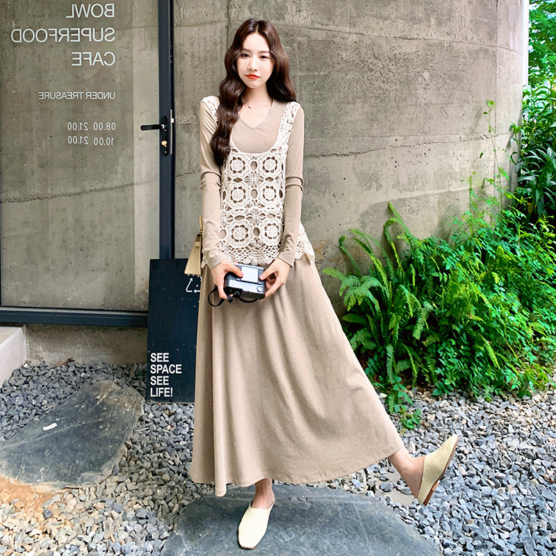 官网女装夏易菲实拍温柔风镂空钩花马甲连衣裙套装2025秋款燕麦色
