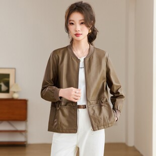 宽松大码 皮衣女春秋2026新款 洋气咖啡 夏易菲复古圆领短款 官网女装