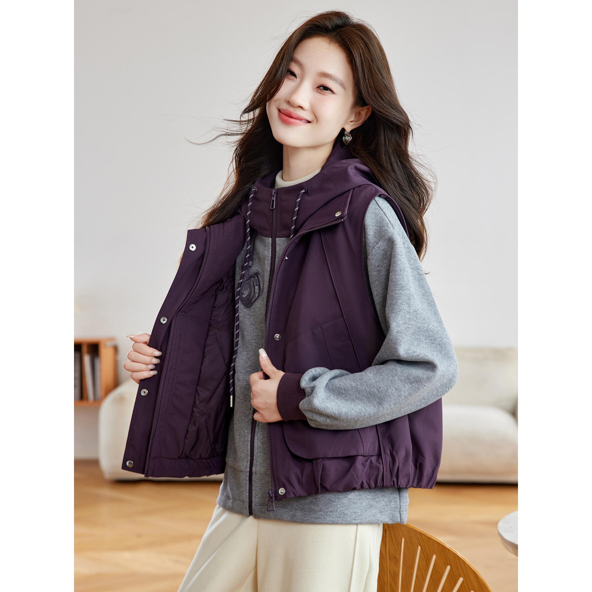 官网女装夏易菲2025秋冬新款简约卫衣休闲连帽马甲宽松百搭时尚两