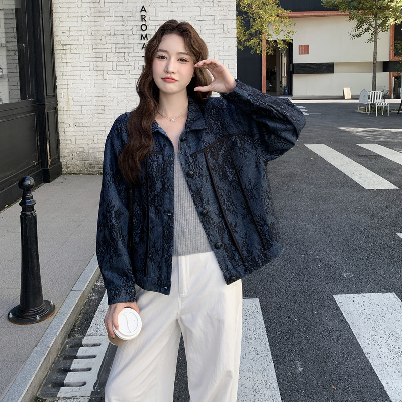 官网女装夏易菲实拍休闲蓝色碎花洋气百搭翻领短外套2025秋款气质