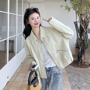 新款 皮衣外套女2026春季 韩系气质简约设 夏易菲米黄色短款 官网女装