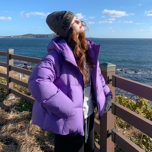 官网女装夏易菲紫色短款连帽羽绒服女小个子2026冬新款韩版加厚减