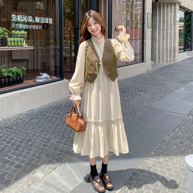 官网女装夏易菲实拍时尚皮马甲木耳边连衣裙套装2025秋独特超好看