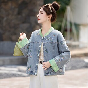 官网女装夏易菲新中式重工刺绣牛仔外套女春秋2026新款超火减龄短