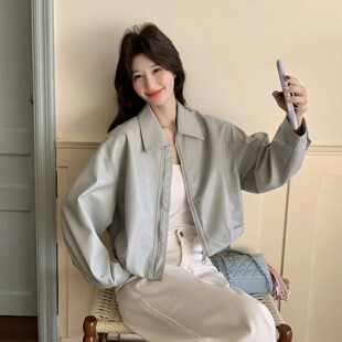 官网女装夏易菲浅蓝色短款皮衣外套女春2026新款韩系休闲小个子翻