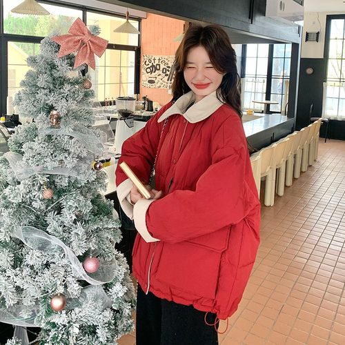 官网女装夏易菲圣诞红短款羊羔毛翻领拼接羽绒服外套女冬2025新款