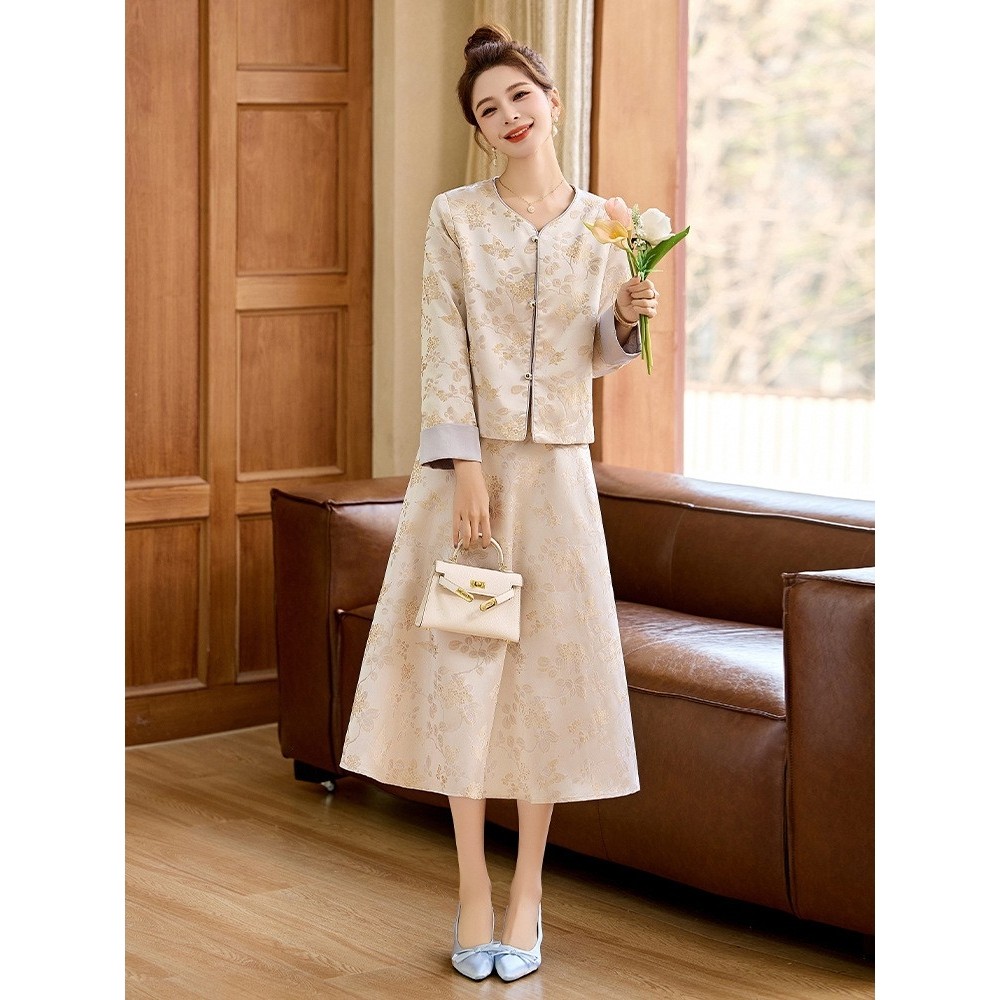 官网女装夏易菲2025春新款新中式国风缎面气质提花时尚外套半裙两