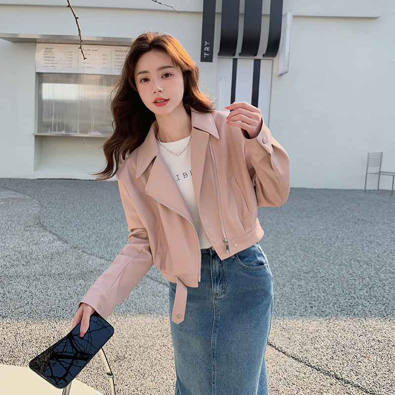 官网女装夏易菲实拍2025粉色短款皮衣外套女季韩版小个子炸街时髦