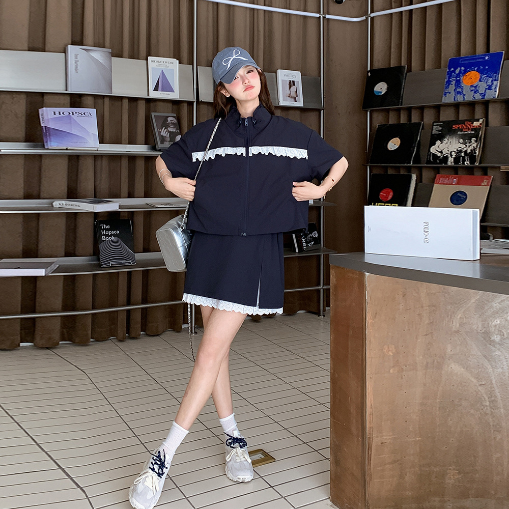 官网女装夏易菲实拍韩版运动风花边拼接套装2025新款小众显瘦短袖