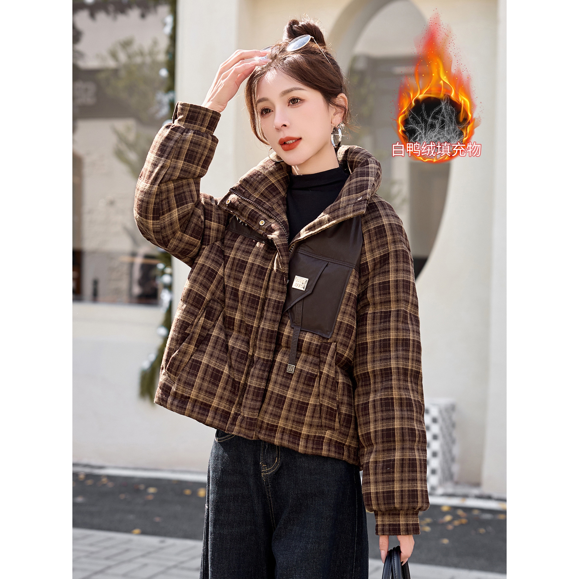 官网女装夏易菲格子羽绒服女冬季2025新款小个子高级感超好看白鸭