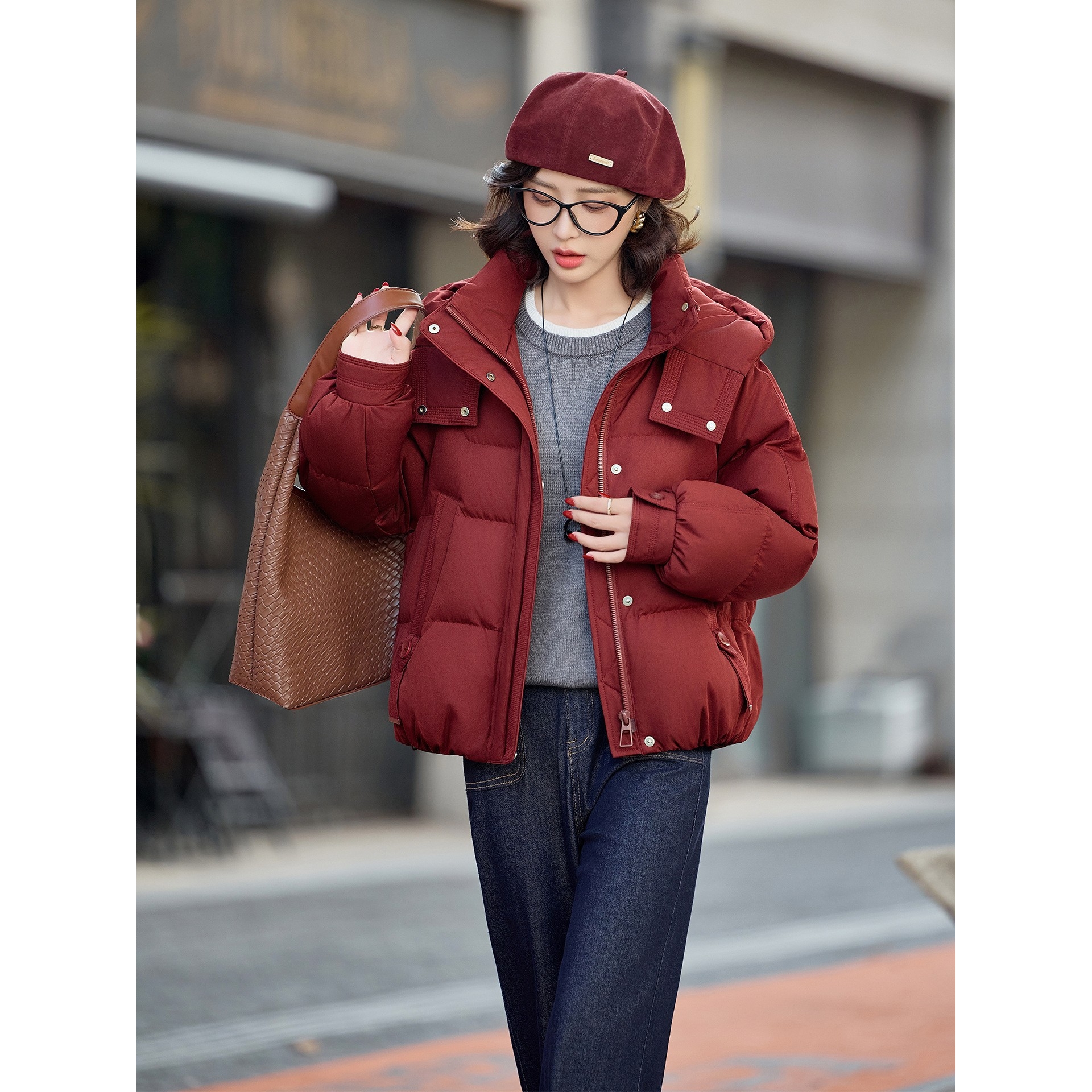 官网女装夏易菲帽子可拆羽绒服2025冬季新款宽松休闲小个子保暖白