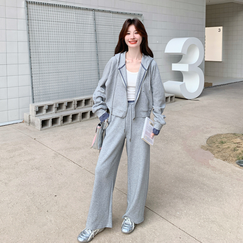 官网女装夏易菲实拍灰色格纹拼接连帽卫衣套装2025秋款时尚休闲运