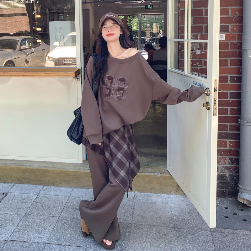 官网女装夏易菲实拍咖色印花卫衣屁帘休闲裤套装2025秋款韩系chic