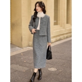 2026秋冬新款 官网女装 夏易菲套装 领口钉珠小香风90白鸭绒外套半裙