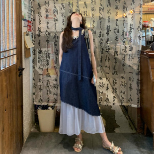 夏易菲设计感网纱拼接牛仔连衣裙女2025夏季 官网女装 港风复古收腰