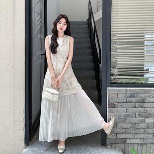 官网女装 甜美显 夏易菲假两件蕾丝拼接米白色无袖 背心连衣裙女夏季