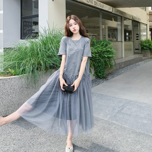 官网女装 设计感立 夏易菲灰色甜美网纱拼接连衣裙中长款 2025夏新款