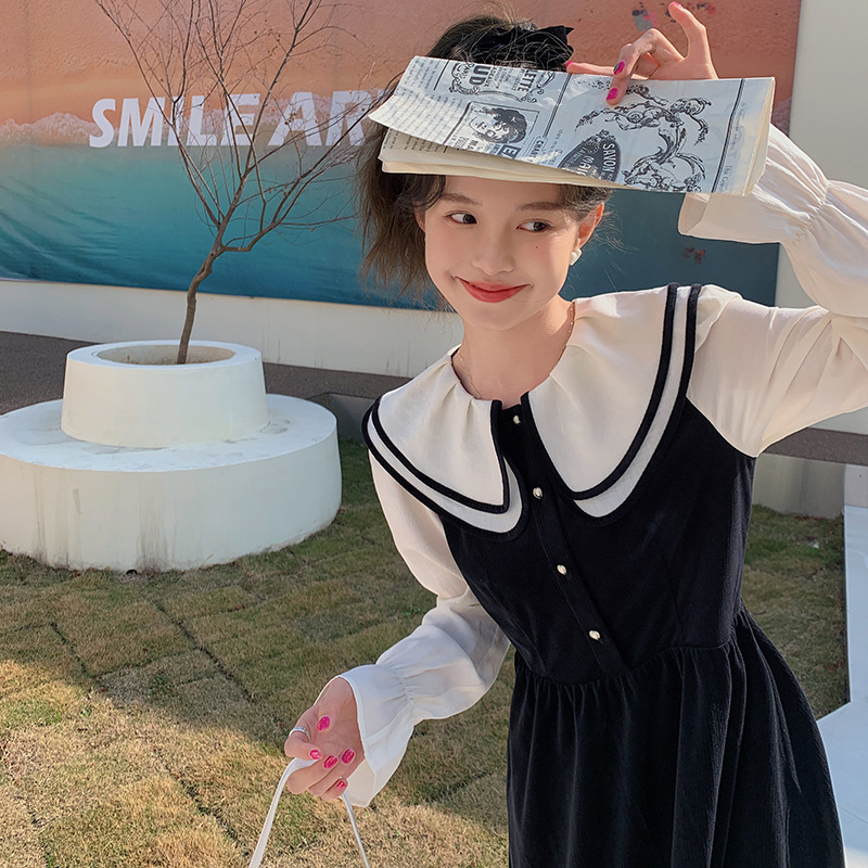 官网女装夏易菲实拍2025茶歇法式撞色黑色连衣裙女秋季款娃娃领小