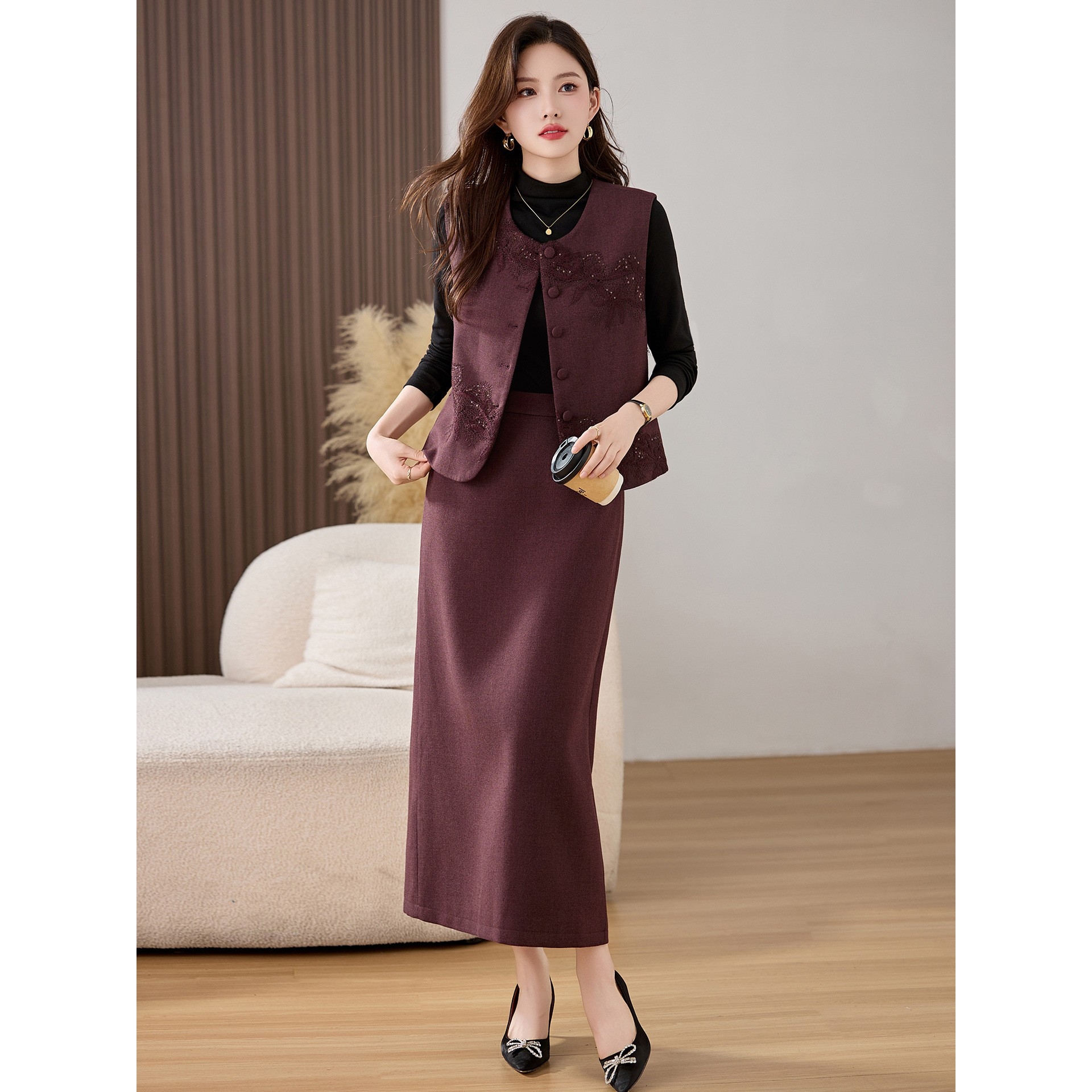 官网女装夏易菲时尚套装女2025秋新款时髦洋气马甲长袖打底衫半身