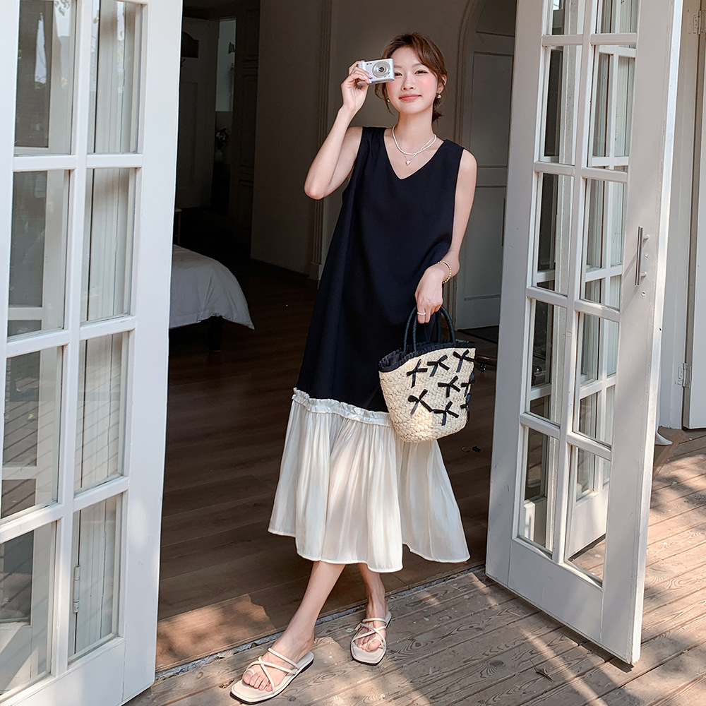 官网女装夏易菲实拍韩系气质V领无袖背心裙2025新款简约撞色木耳