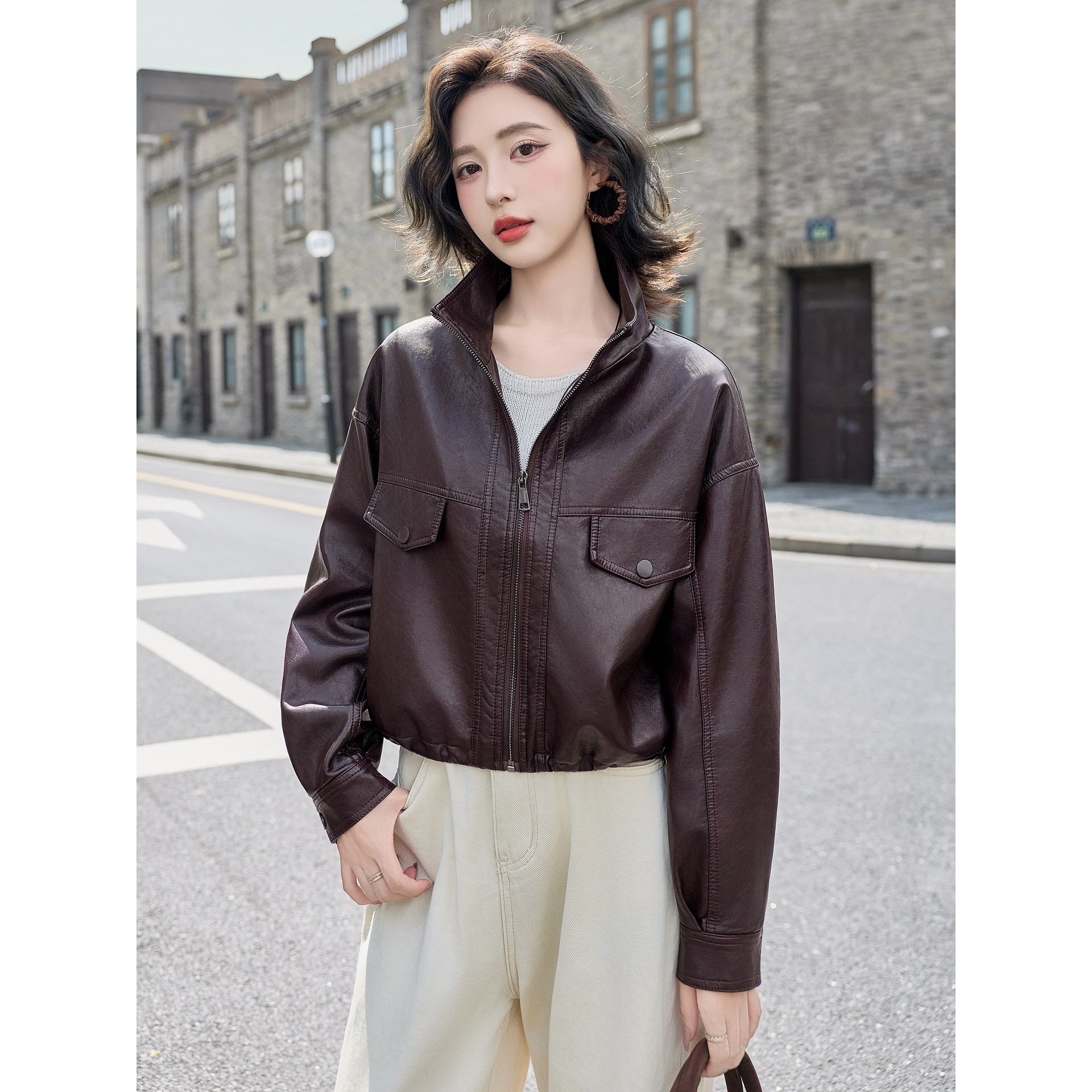 官网女装夏易菲韩系皮衣外套女2026秋季新款复古宽松短款小个子显,女装/女士精品,皮衣,淘宝优惠券,粉丝福利购,淘宝优惠卷