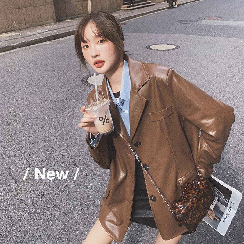 官网女装夏易菲实拍韩版宽松皮衣外套女春季2025年新款港风chic炸