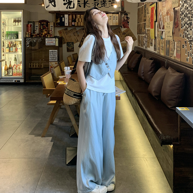 官网女装夏易菲实拍休闲显瘦浅蓝色假两件短袖T恤阔腿裤套装女202