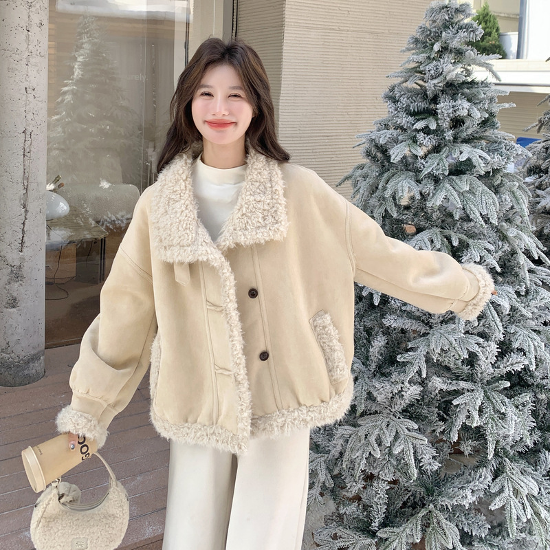 官网女装夏易菲实拍甜美感米色羊羔毛外套2025冬款韩系短款小个子