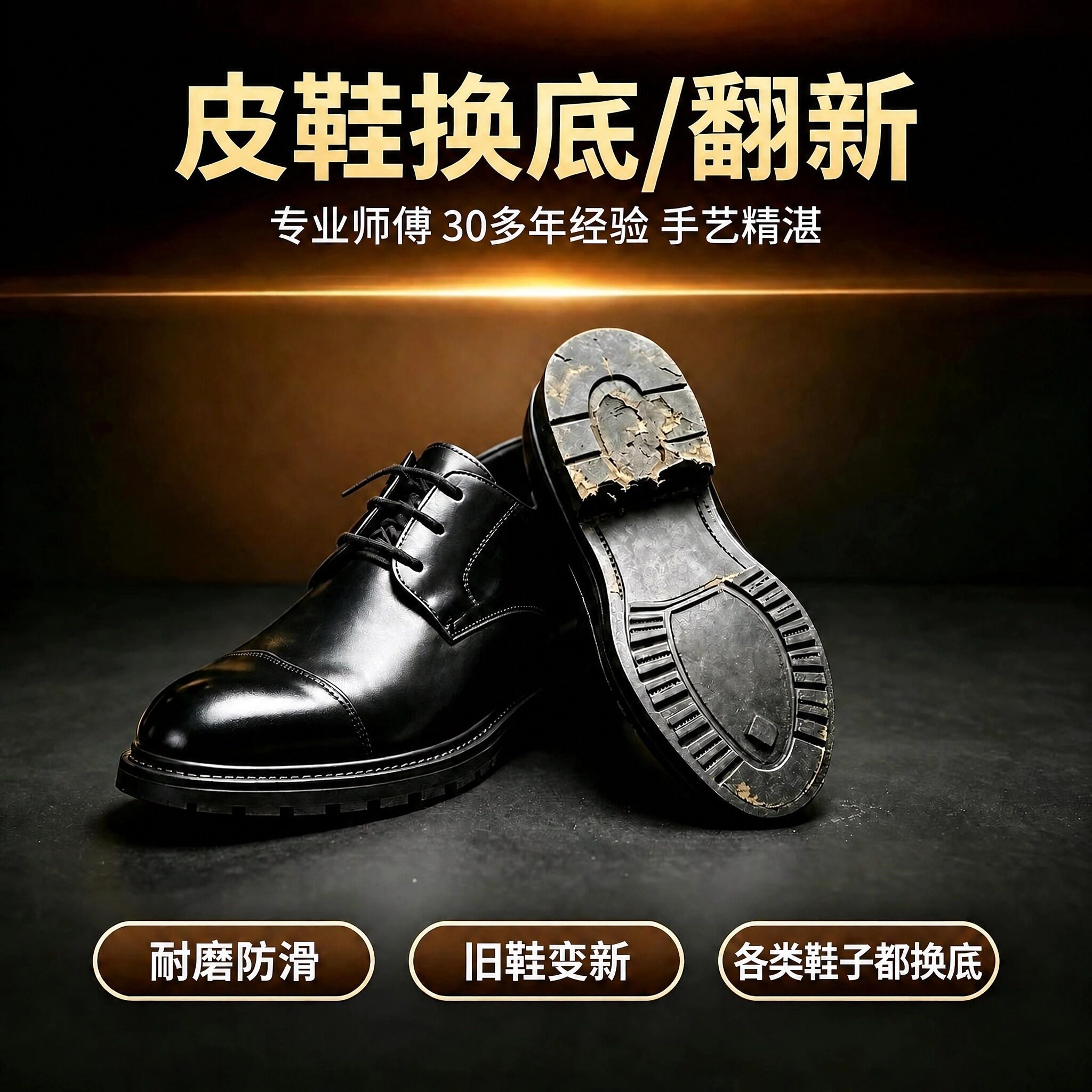 鞋子皮鞋修复磨损维修男士皮鞋换底修翻新开胶女换底专业修鞋店铺
