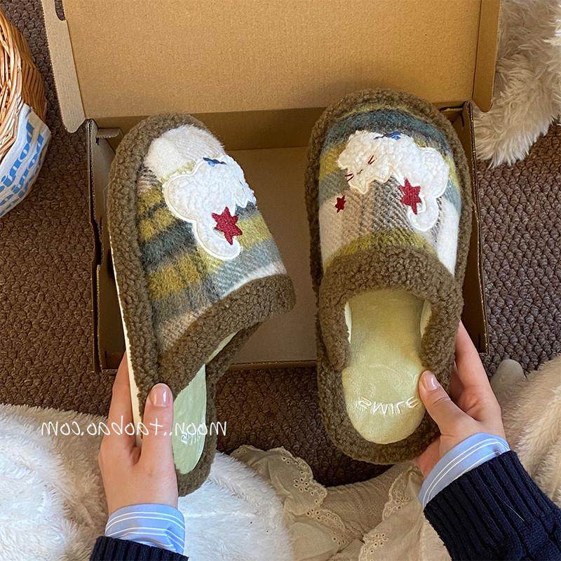 。覆古格子加绒保暖冬季防滑居家月子鞋踩屎感外穿EVA棉拖鞋女款