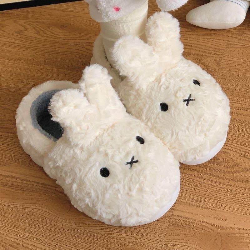 。2025年新款长耳兔棉拖鞋女冬外穿可爱厚底加绒包头毛毛拖鞋月子
