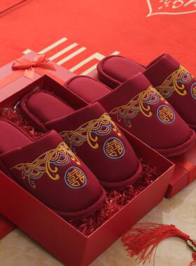 。红色拖鞋结婚一对冬季轻奢新婚情侣喜庆婚庆新娘陪嫁婚拖鞋高级