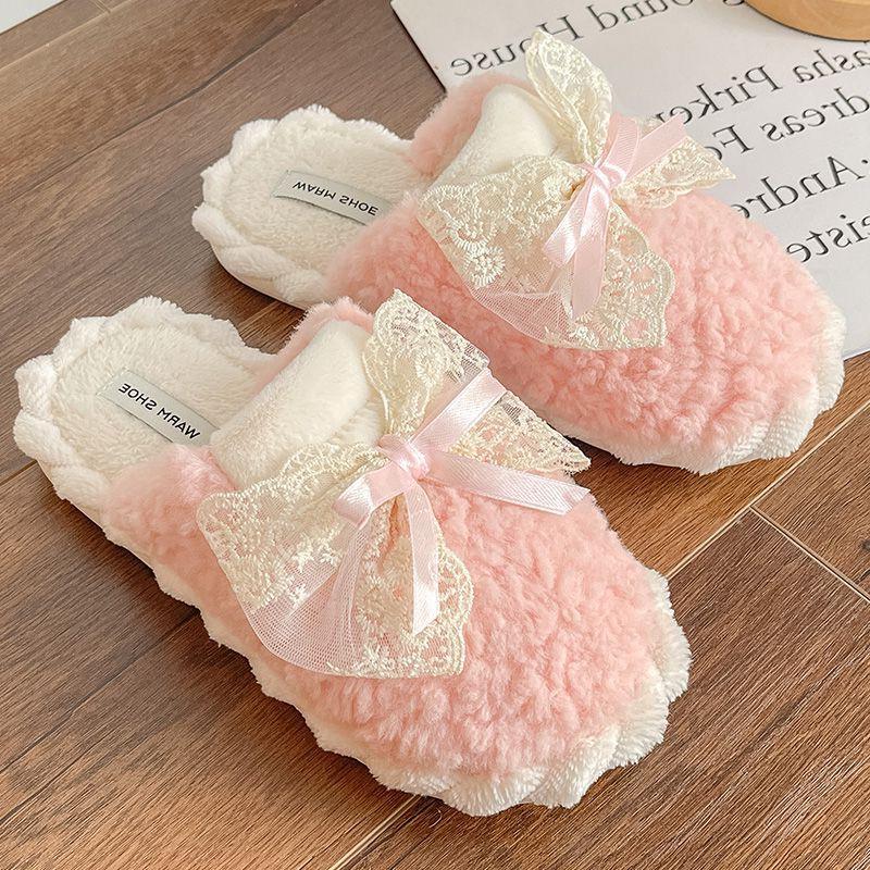 。冬季棉拖鞋女款学生版蝴蝶结厚底防滑保暖居家休闲百搭家庭拖鞋